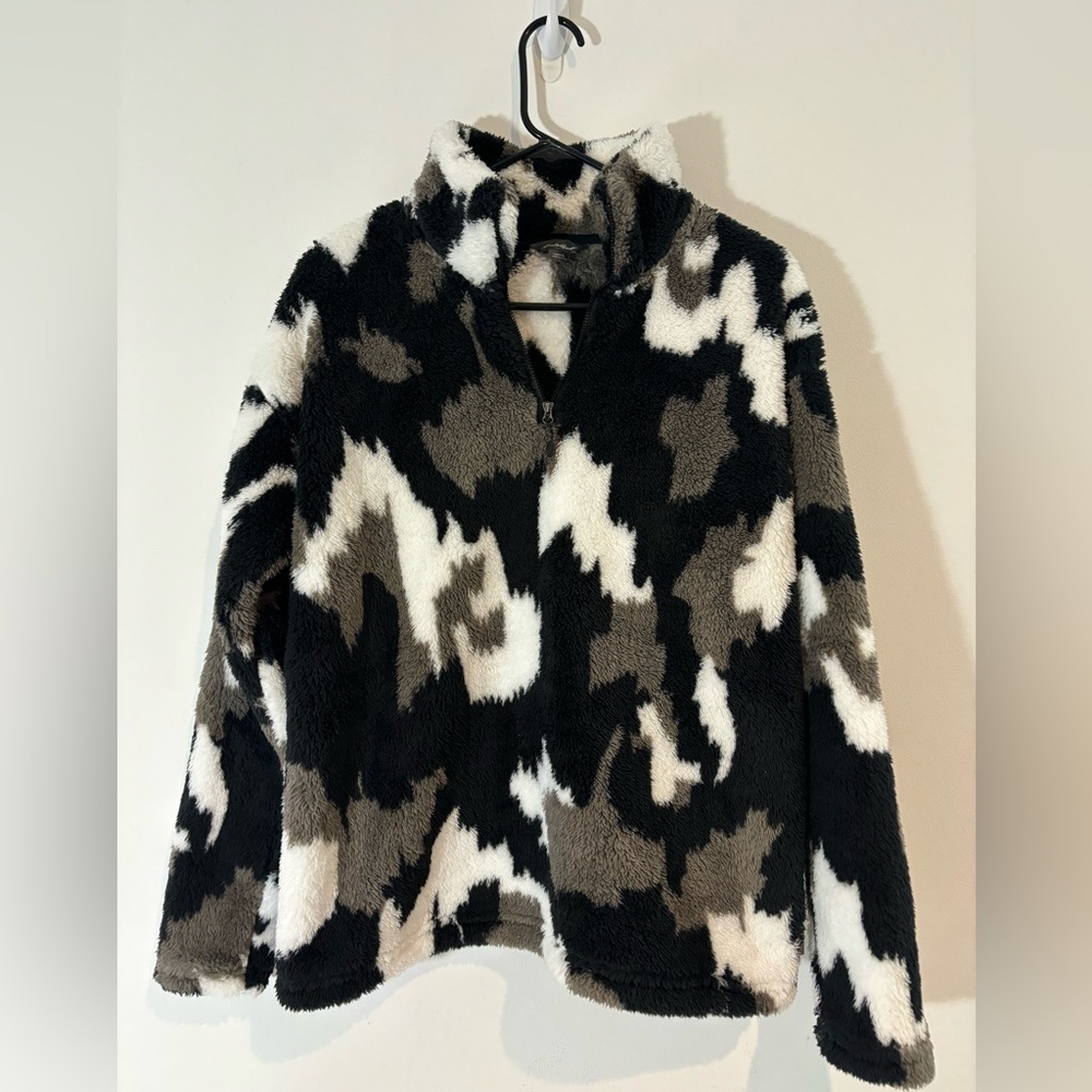 Eddie Bauer Women’s Large Quarter Zip Sherpa Warm Pull Over Black White Winter